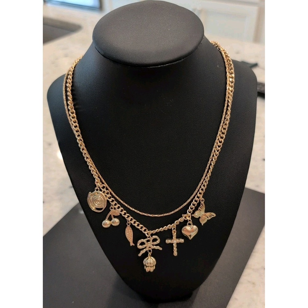 Universal Thread Double Stand Charm Necklace Gold Tone Cherry Heart Cross Fish
